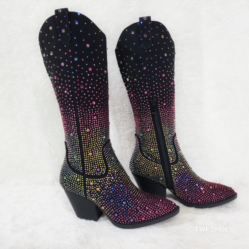 Western Glow Black Multi Color Rhinestone Disco Cowgirl Knee Boots